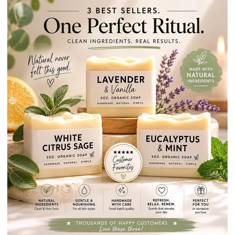 Handmade Organic Soap Set 3‎ Pack Lavender Vanilla White Citrus Eucalyptus Mint
